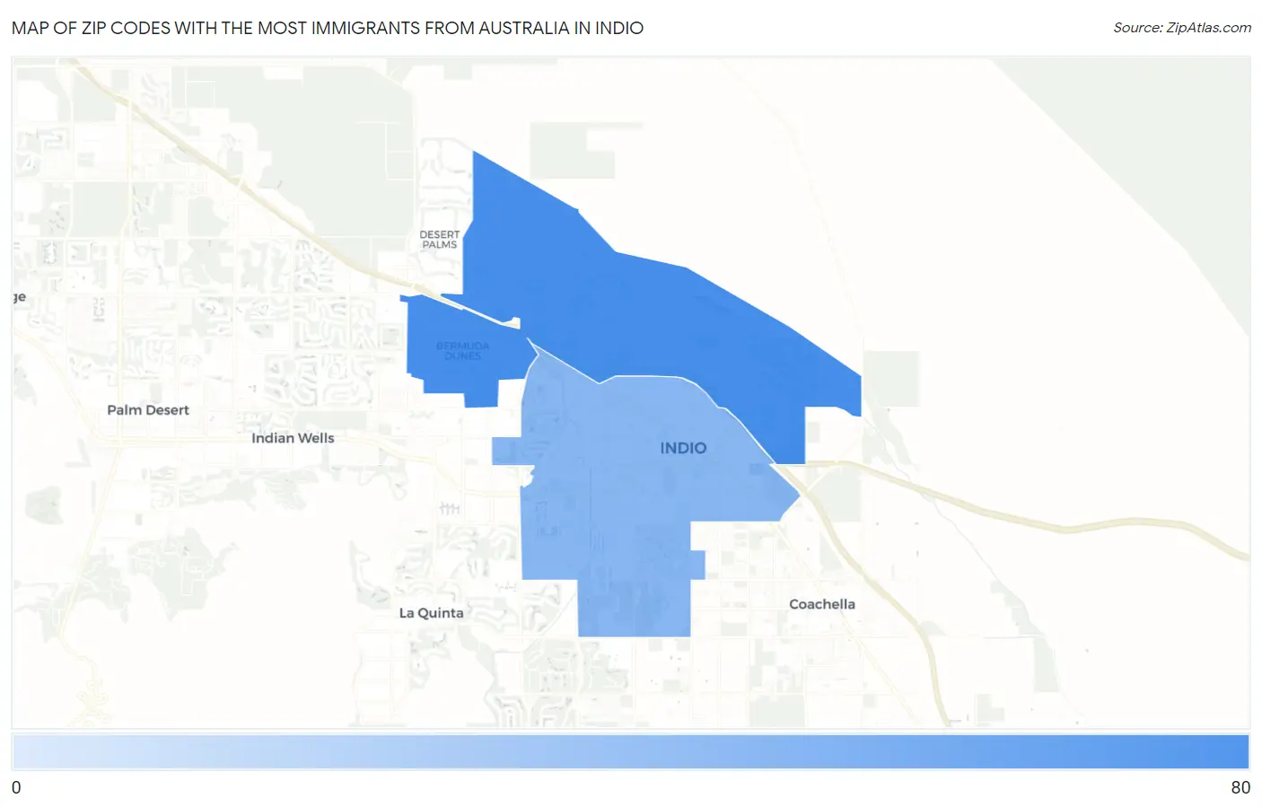 Zip Codes with the Most Immigrants from Australia in Indio Map