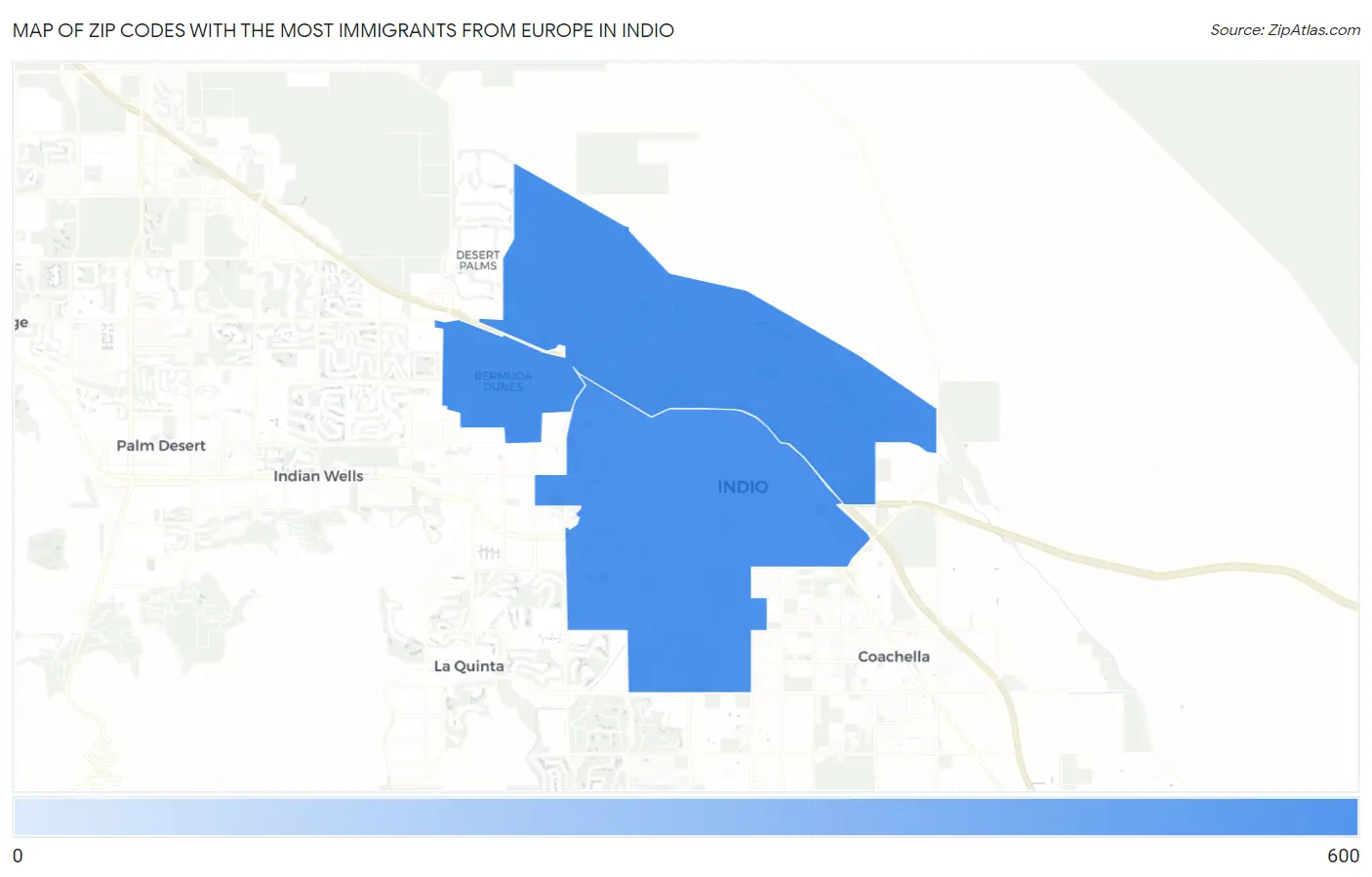 Zip Codes with the Most Immigrants from Europe in Indio Map