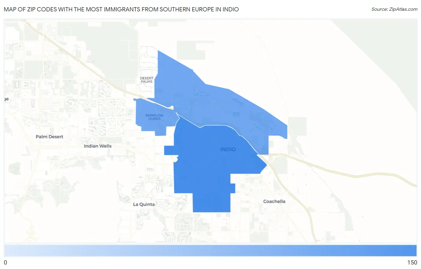 Zip Codes with the Most Immigrants from Southern Europe in Indio Map