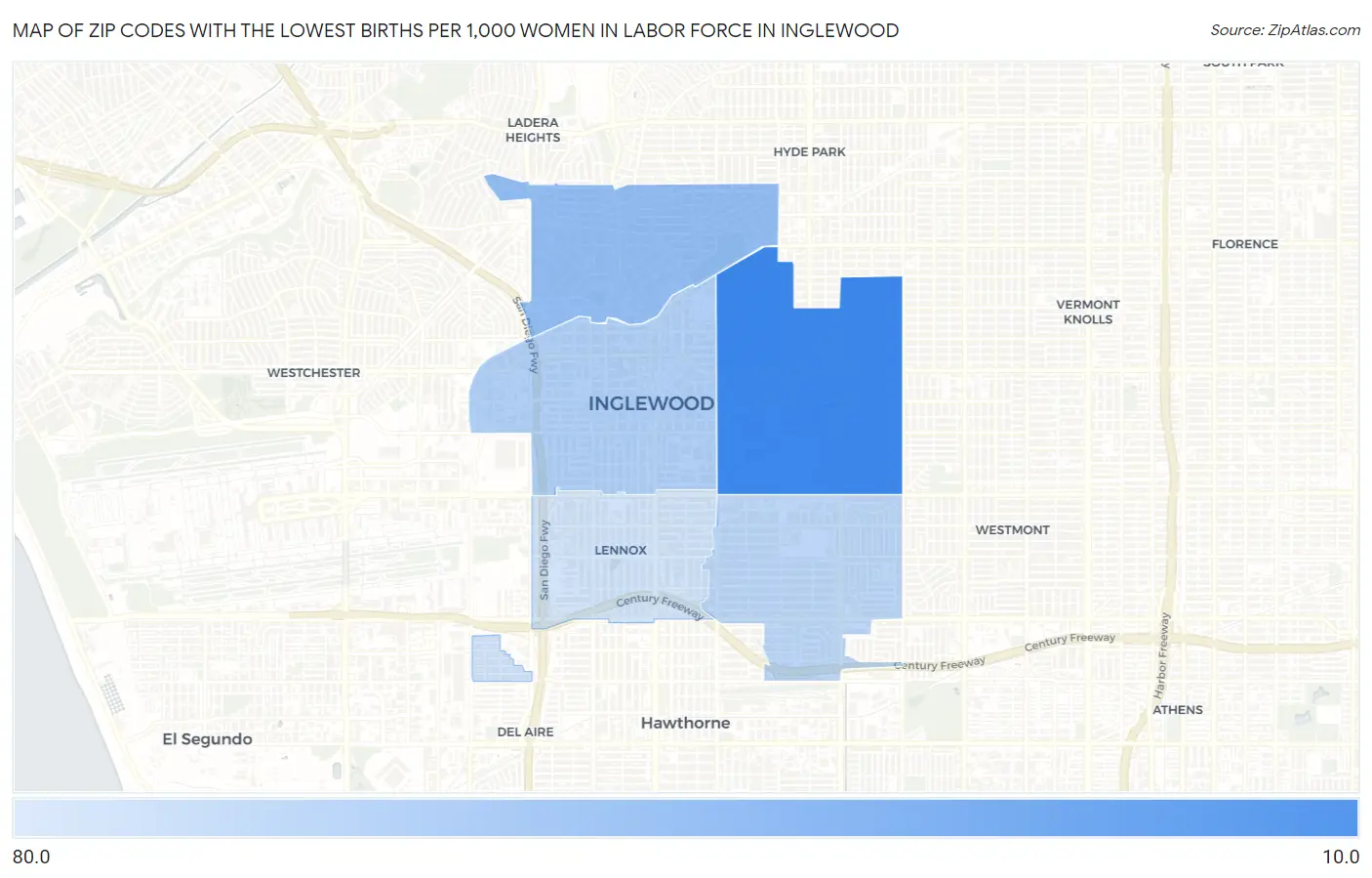 Zip Codes with the Lowest Births per 1,000 Women in Labor Force in Inglewood Map
