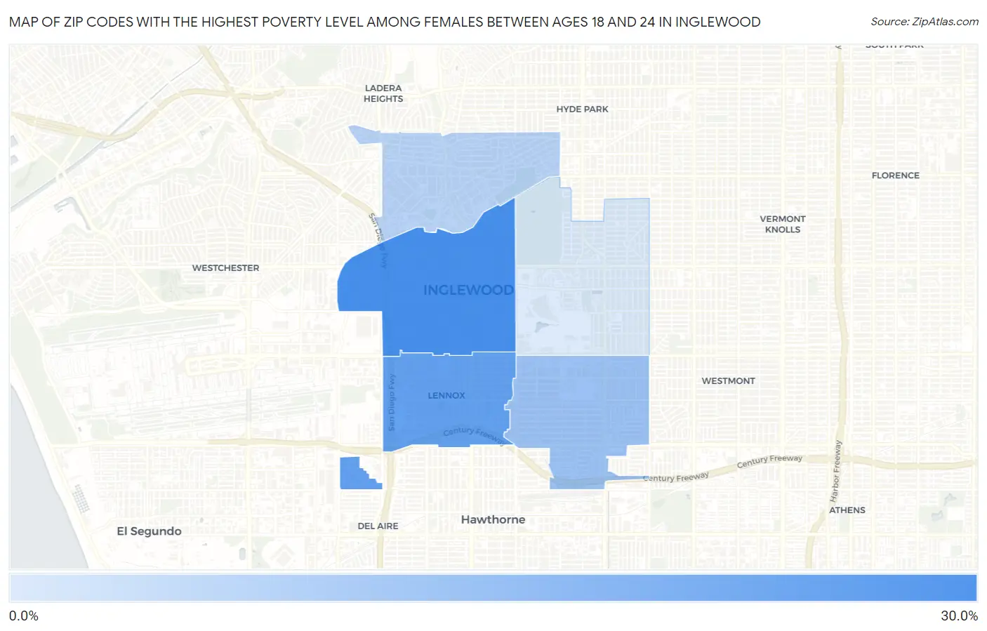 Zip Codes with the Highest Poverty Level Among Females Between Ages 18 and 24 in Inglewood Map