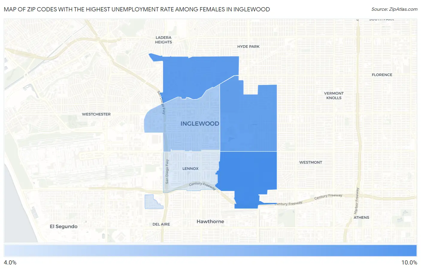 Zip Codes with the Highest Unemployment Rate Among Females in Inglewood Map