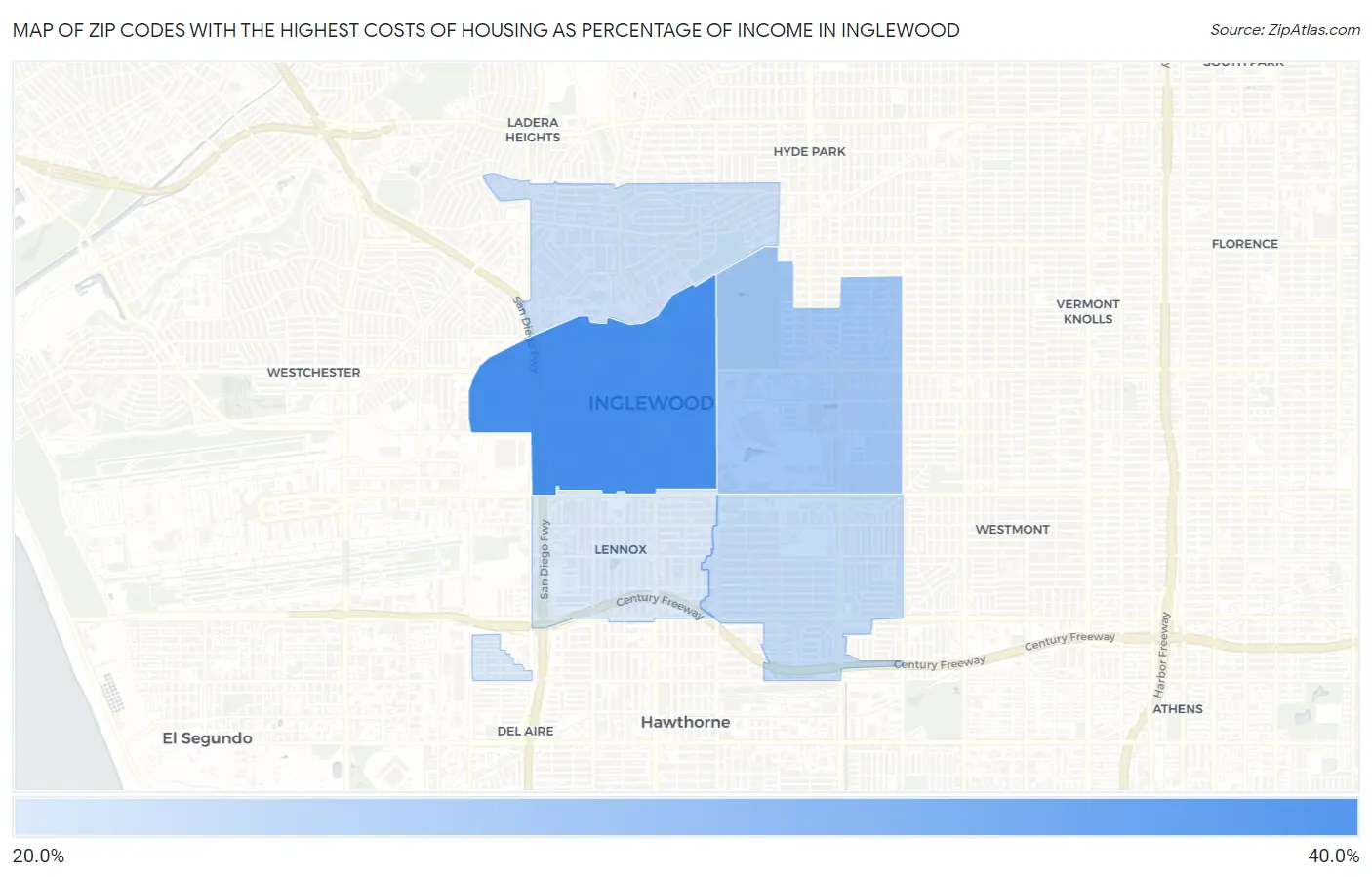 Zip Codes with the Highest Costs of Housing as Percentage of Income in Inglewood Map