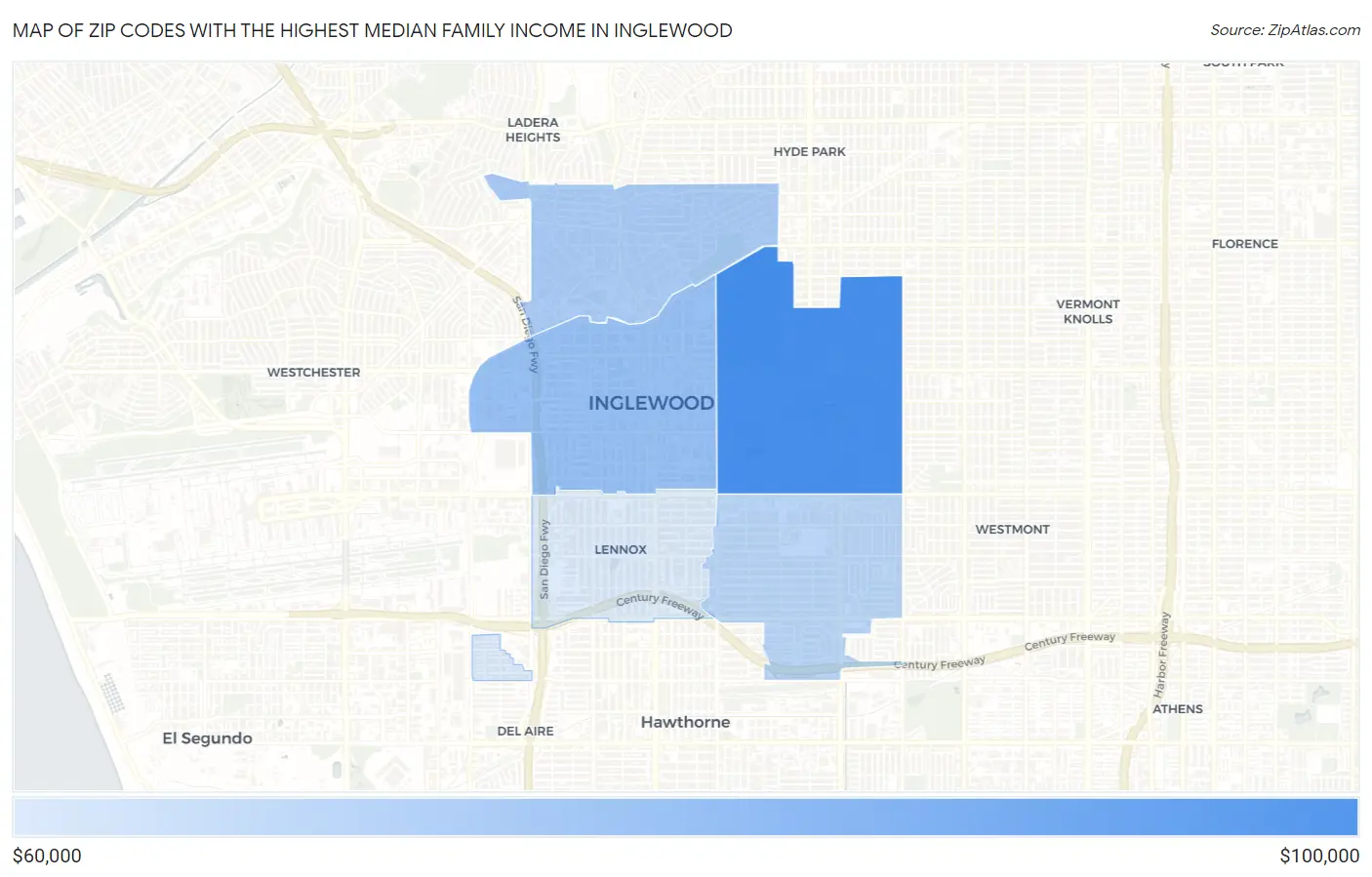 Zip Codes with the Highest Median Family Income in Inglewood Map
