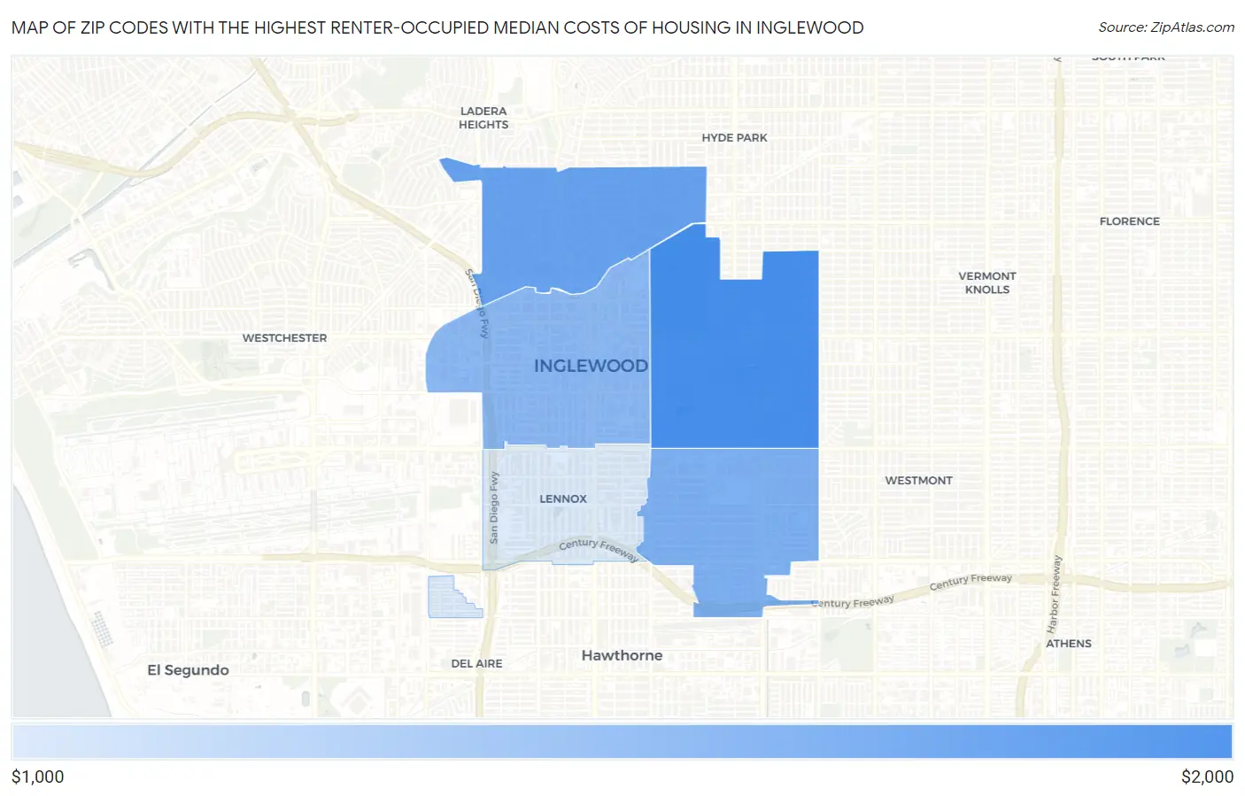 Zip Codes with the Highest Renter-Occupied Median Costs of Housing in Inglewood Map