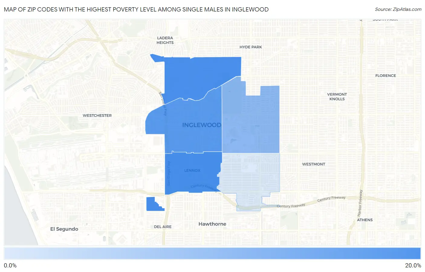 Zip Codes with the Highest Poverty Level Among Single Males in Inglewood Map