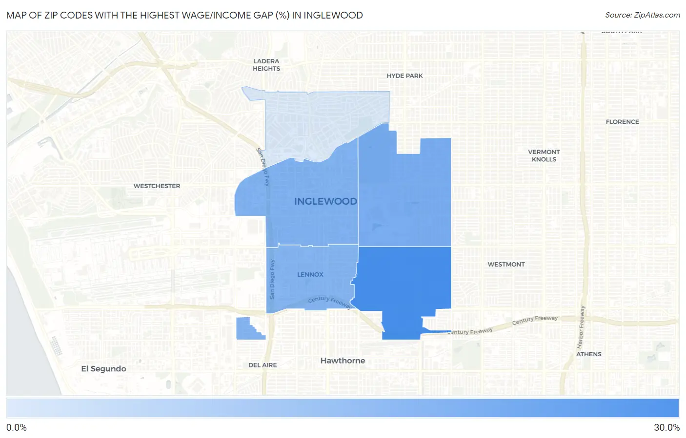 Zip Codes with the Highest Wage/Income Gap (%) in Inglewood Map