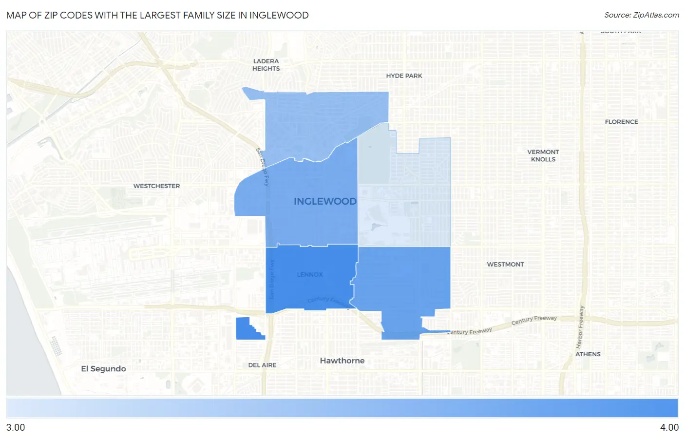 Zip Codes with the Largest Family Size in Inglewood Map