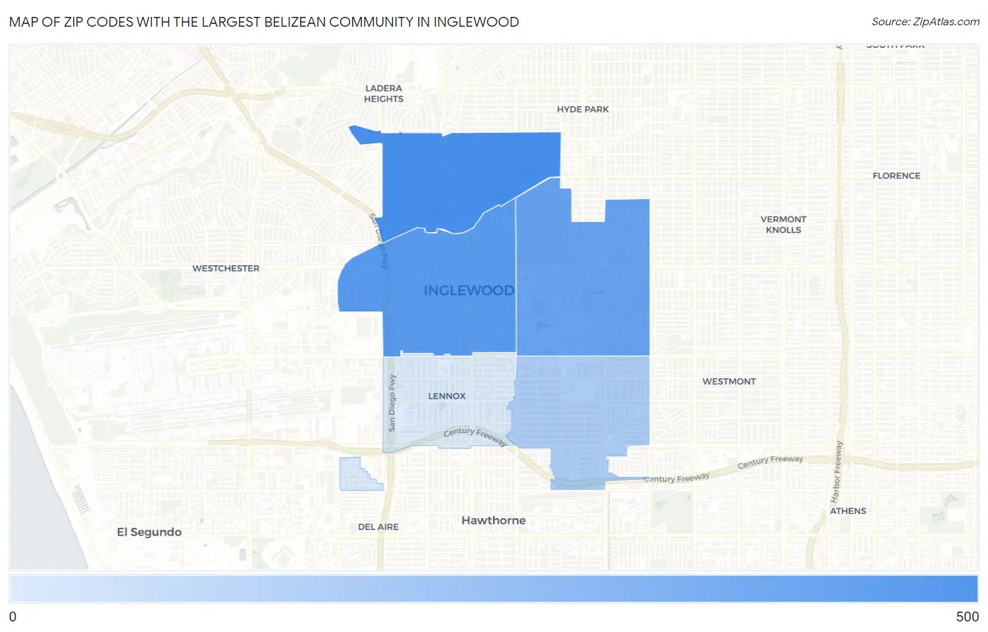 Zip Codes with the Largest Belizean Community in Inglewood Map
