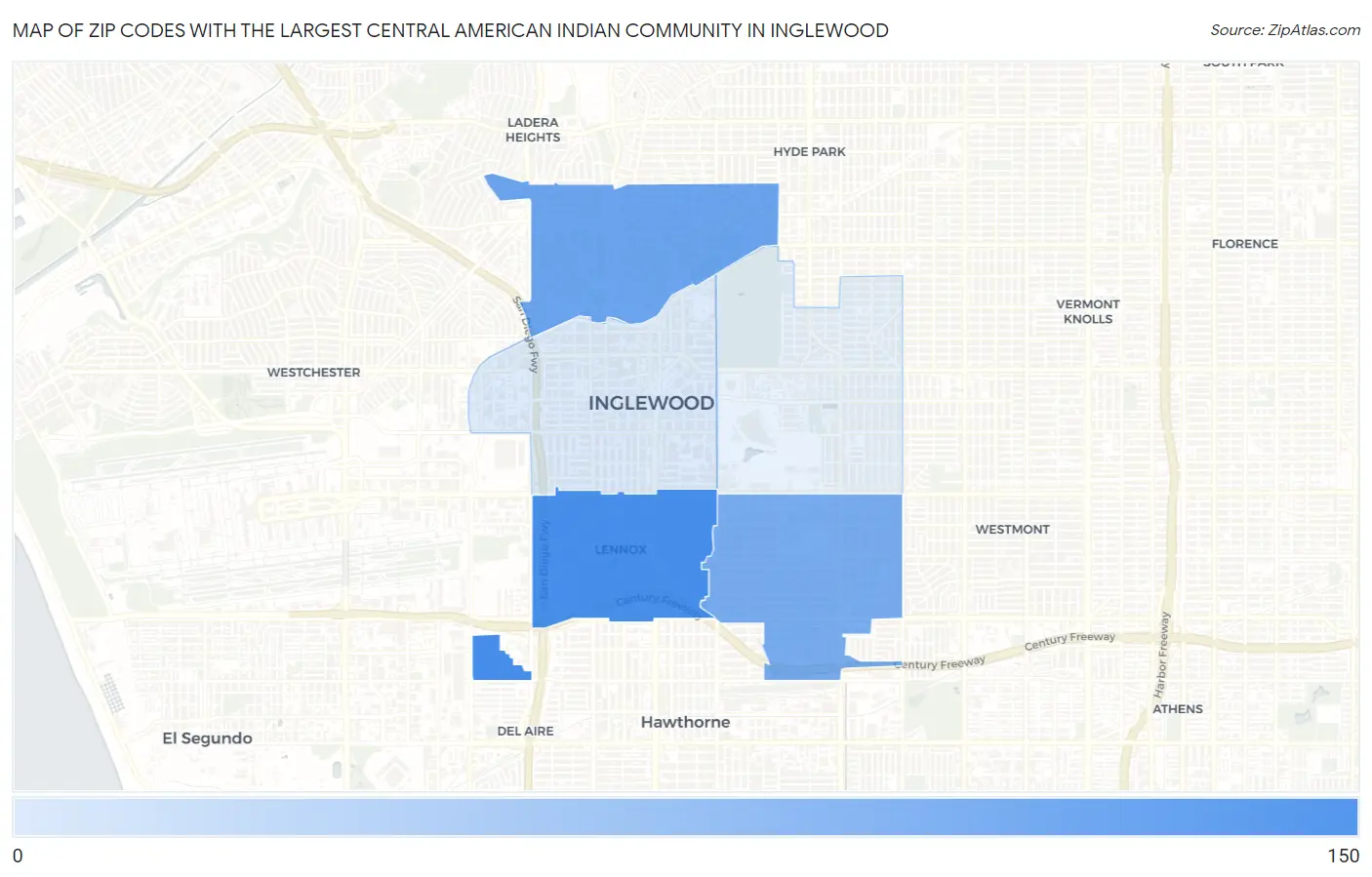 Zip Codes with the Largest Central American Indian Community in Inglewood Map