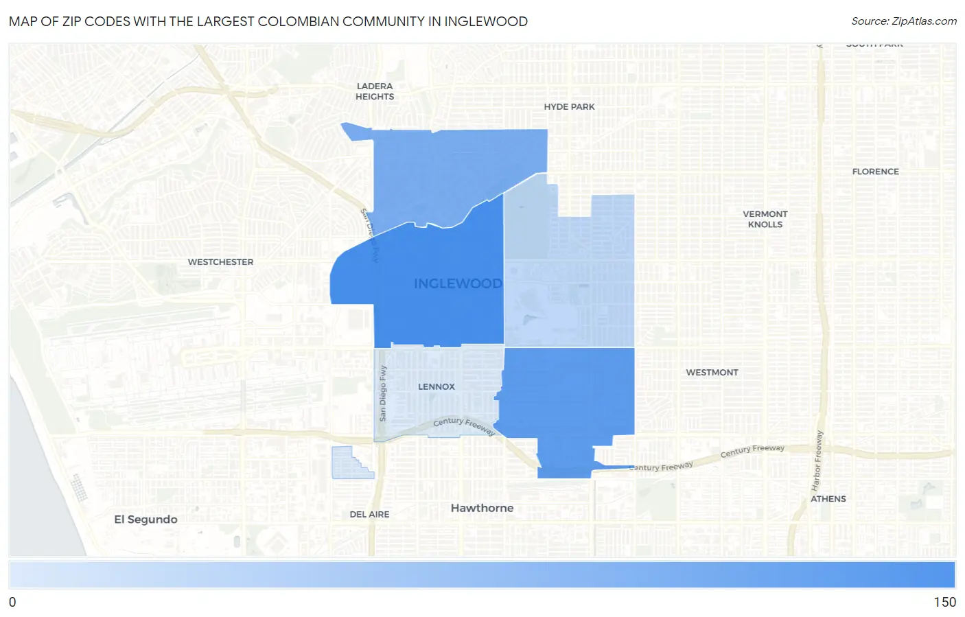 Zip Codes with the Largest Colombian Community in Inglewood Map