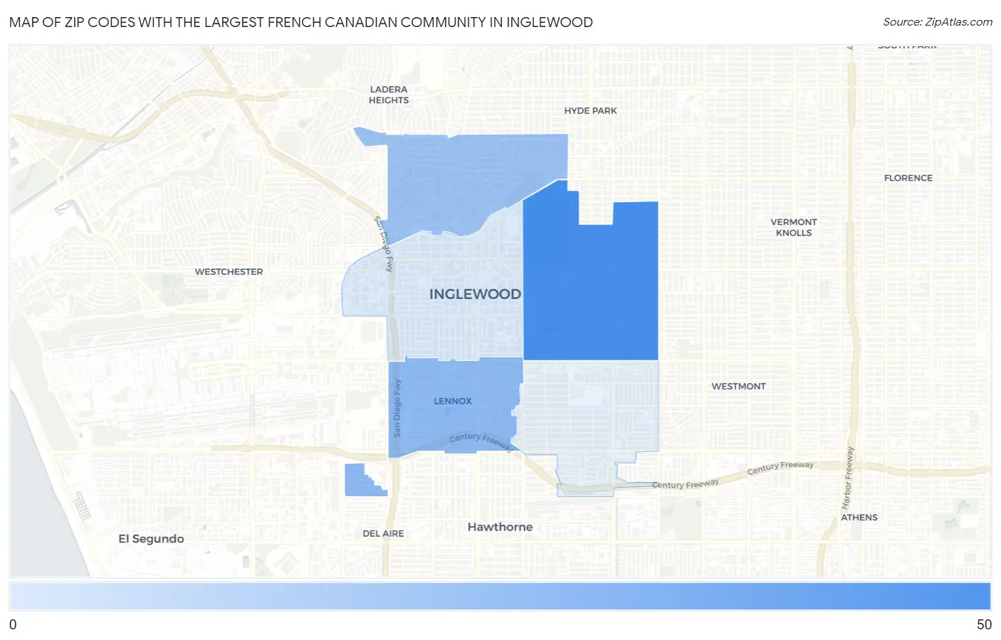 Zip Codes with the Largest French Canadian Community in Inglewood Map