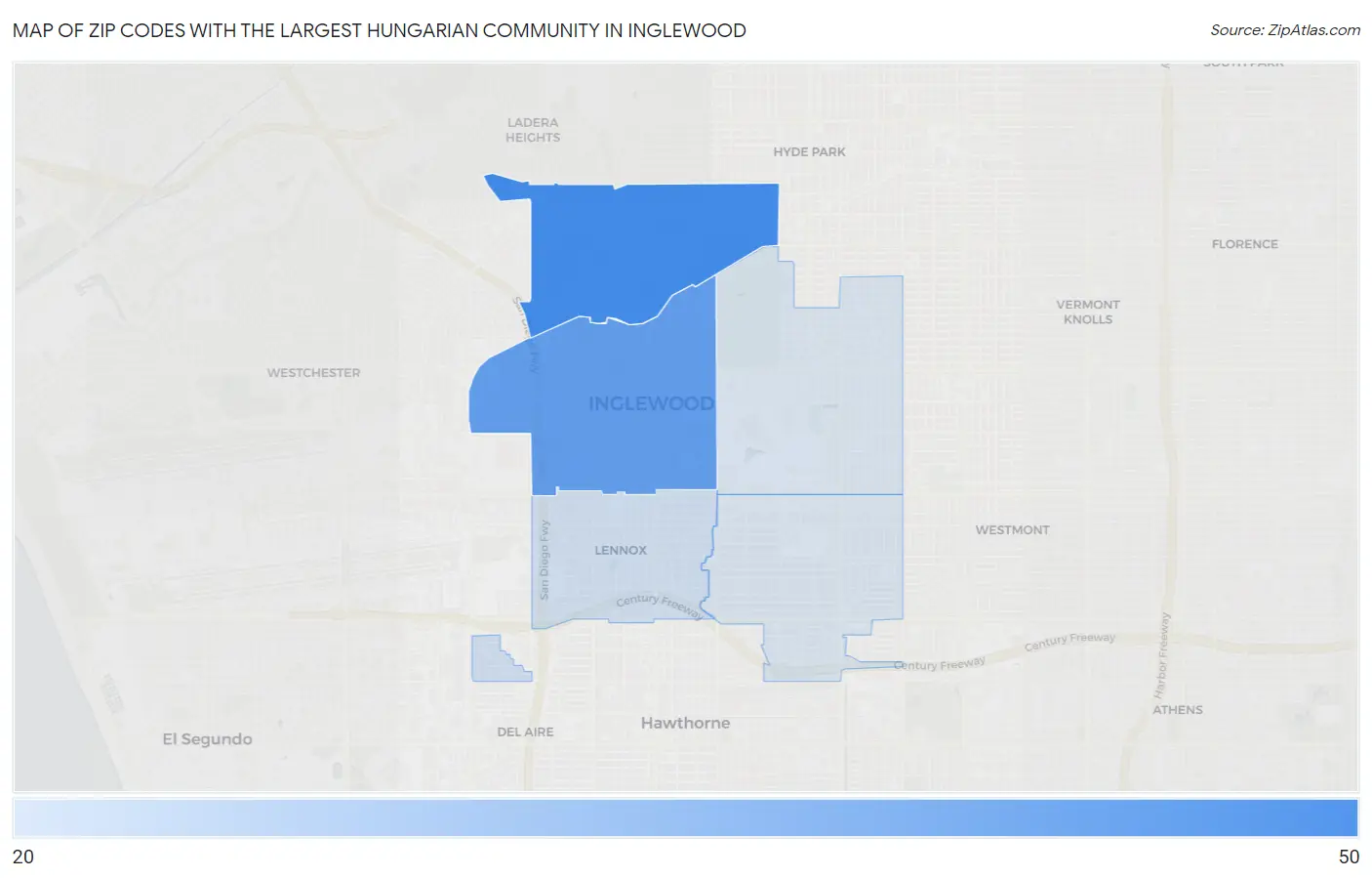Zip Codes with the Largest Hungarian Community in Inglewood Map