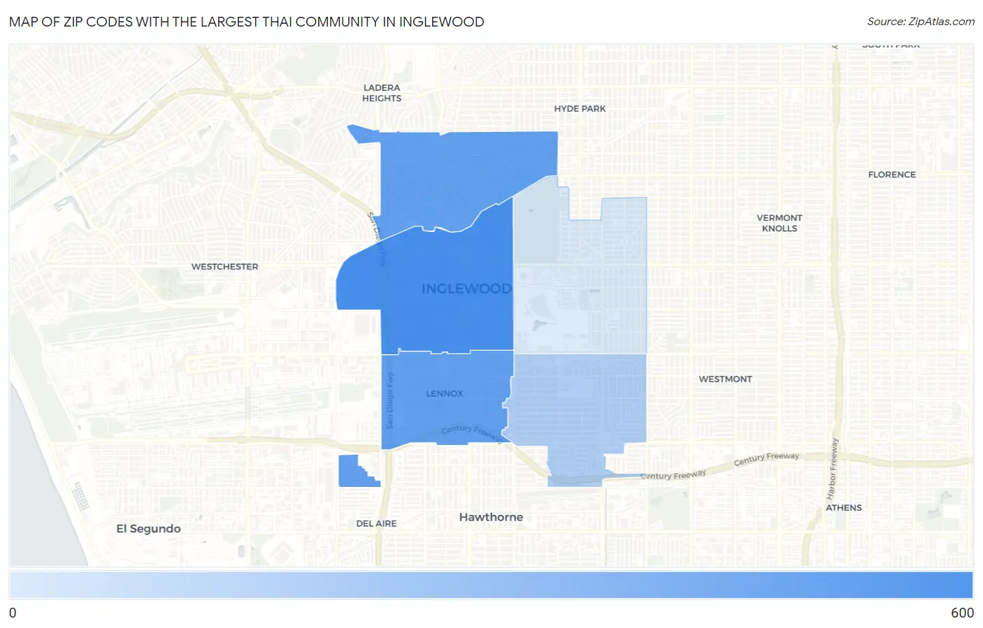 Zip Codes with the Largest Thai Community in Inglewood Map