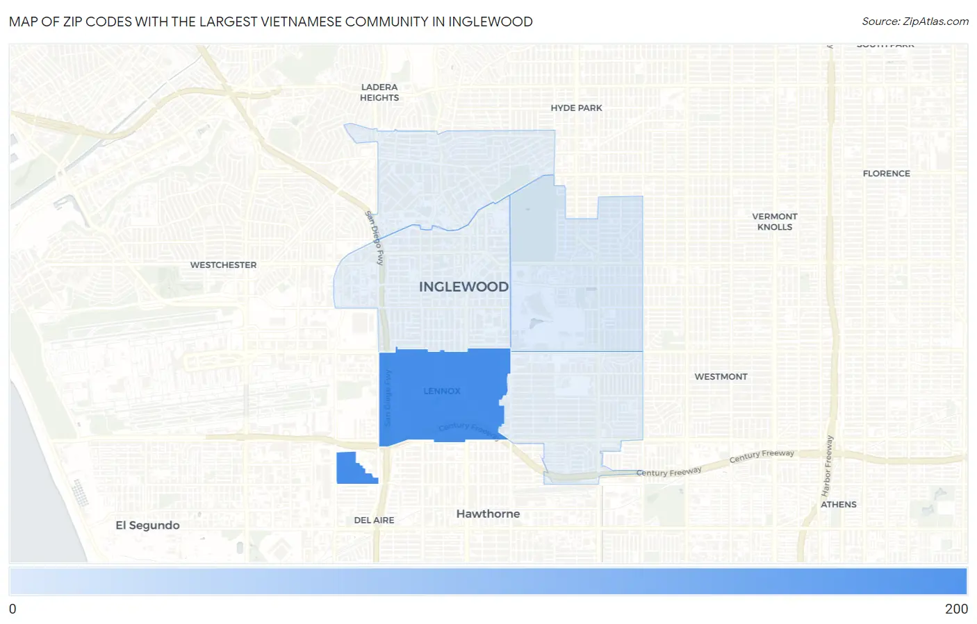 Zip Codes with the Largest Vietnamese Community in Inglewood Map