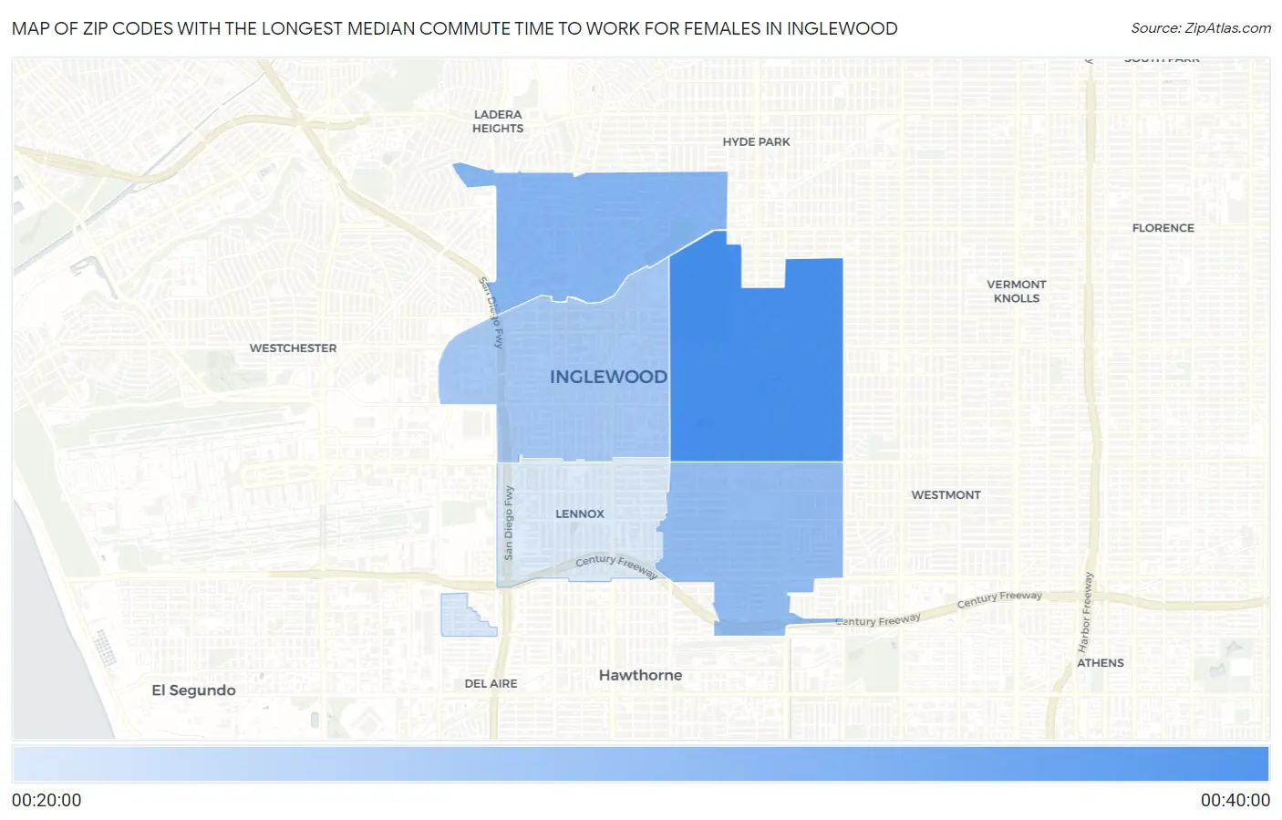 Zip Codes with the Longest Median Commute Time to Work for Females in Inglewood Map