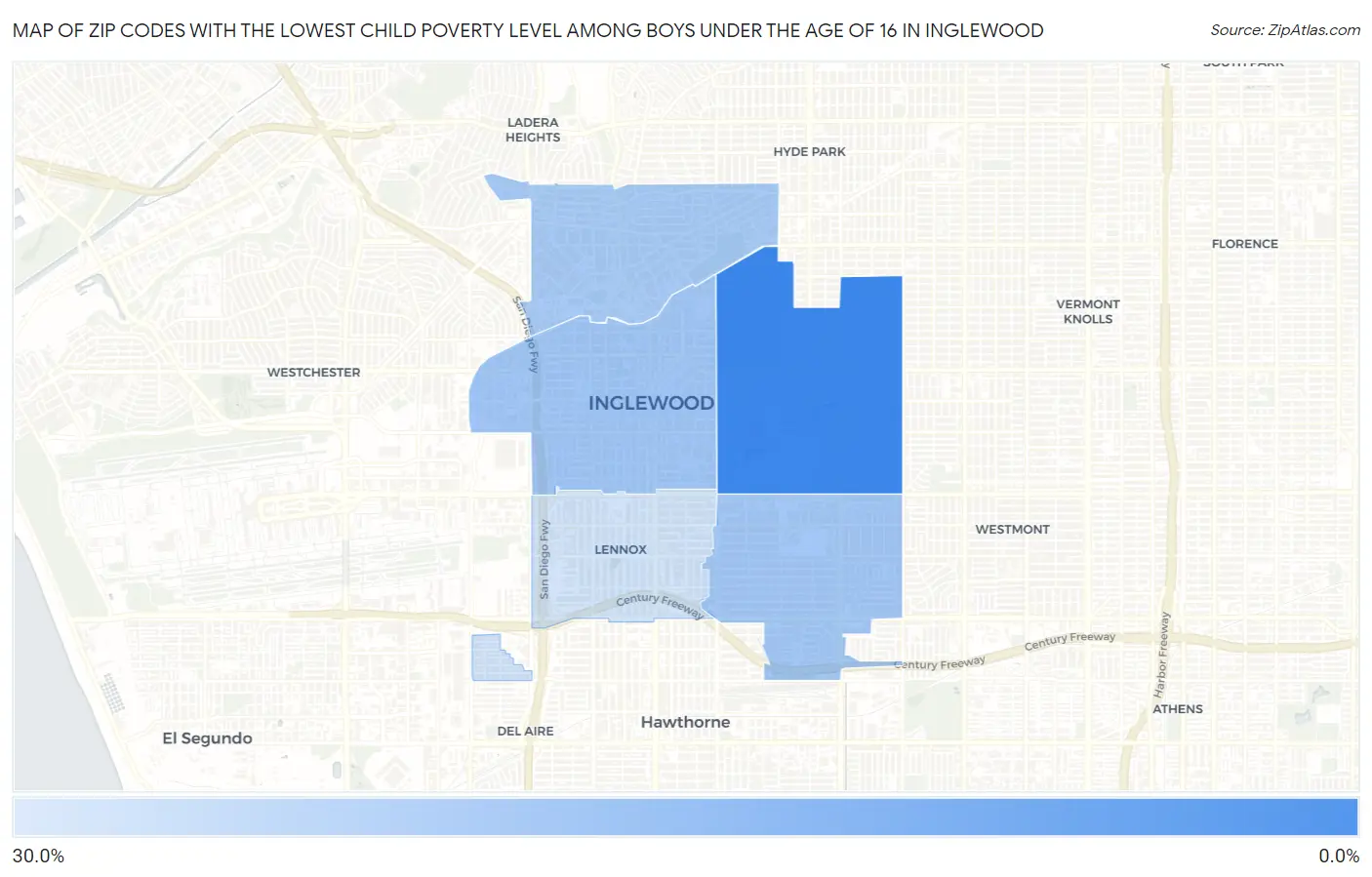 Zip Codes with the Lowest Child Poverty Level Among Boys Under the Age of 16 in Inglewood Map