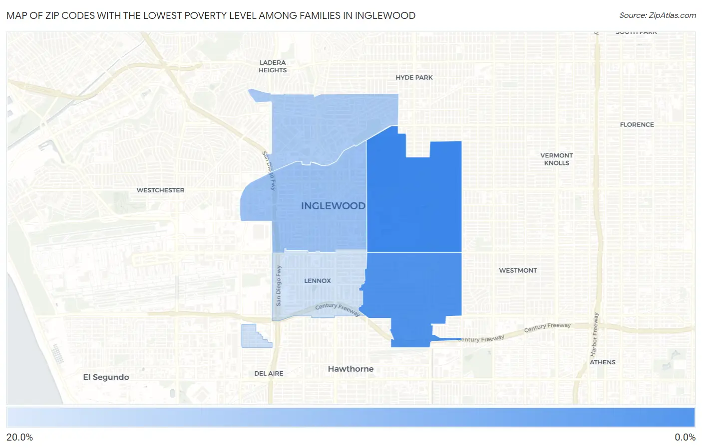 Zip Codes with the Lowest Poverty Level Among Families in Inglewood Map