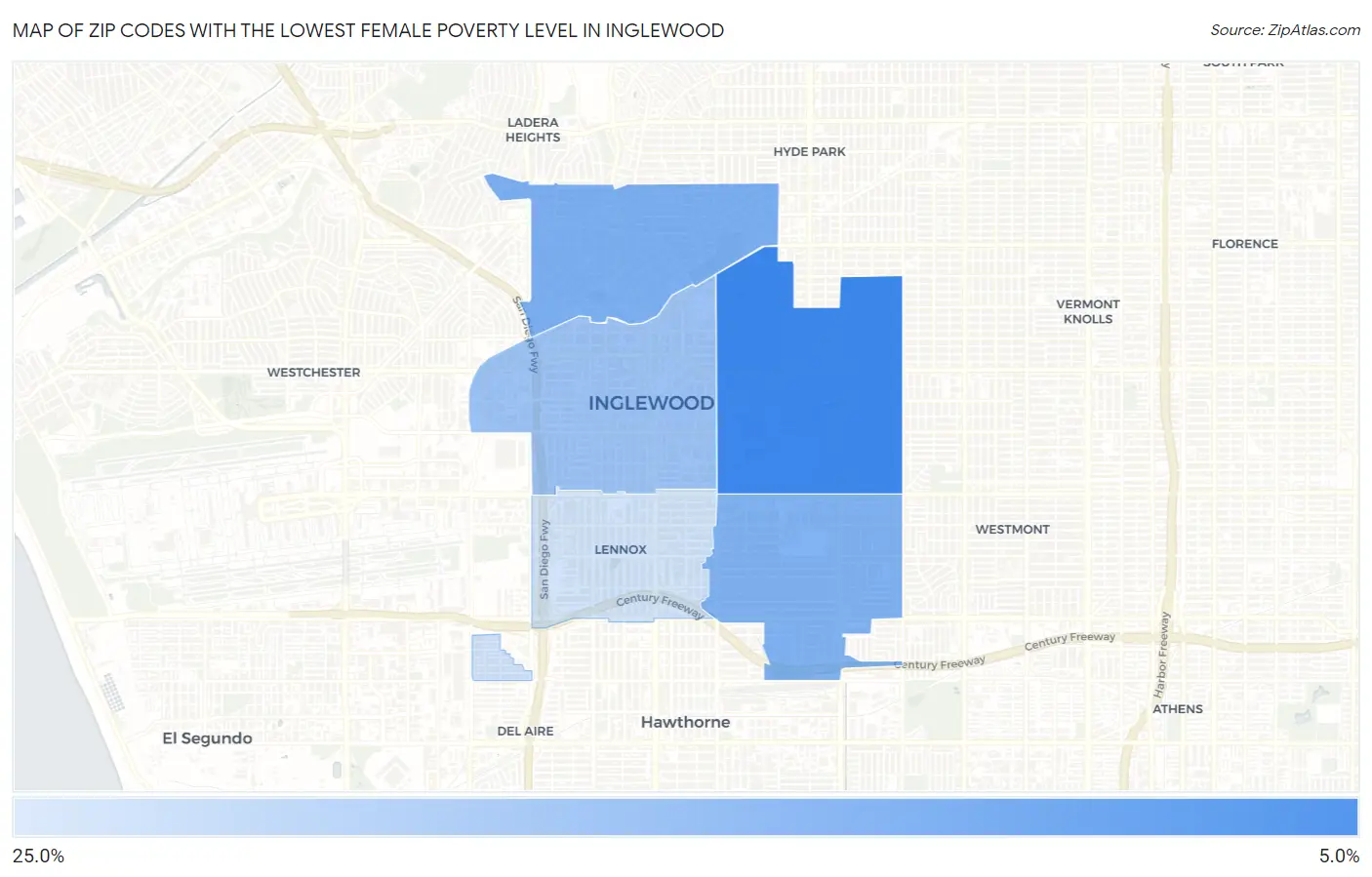 Zip Codes with the Lowest Female Poverty Level in Inglewood Map