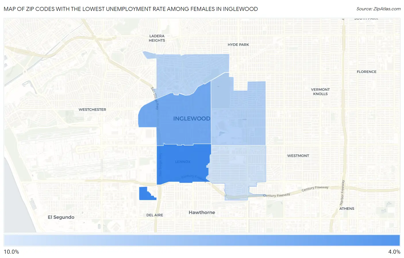 Zip Codes with the Lowest Unemployment Rate Among Females in Inglewood Map