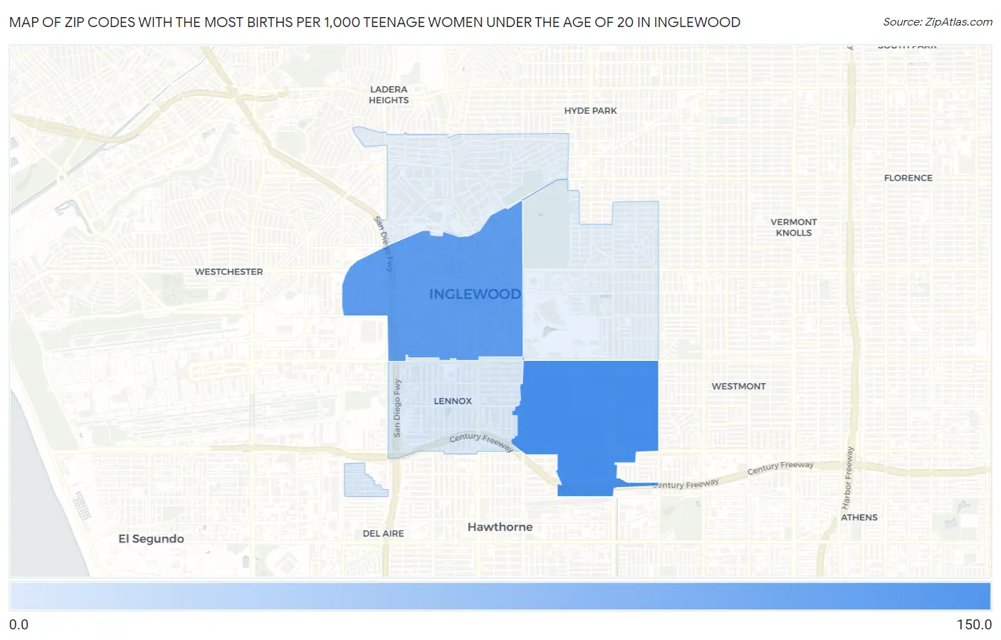 Zip Codes with the Most Births per 1,000 Teenage Women Under the Age of 20 in Inglewood Map