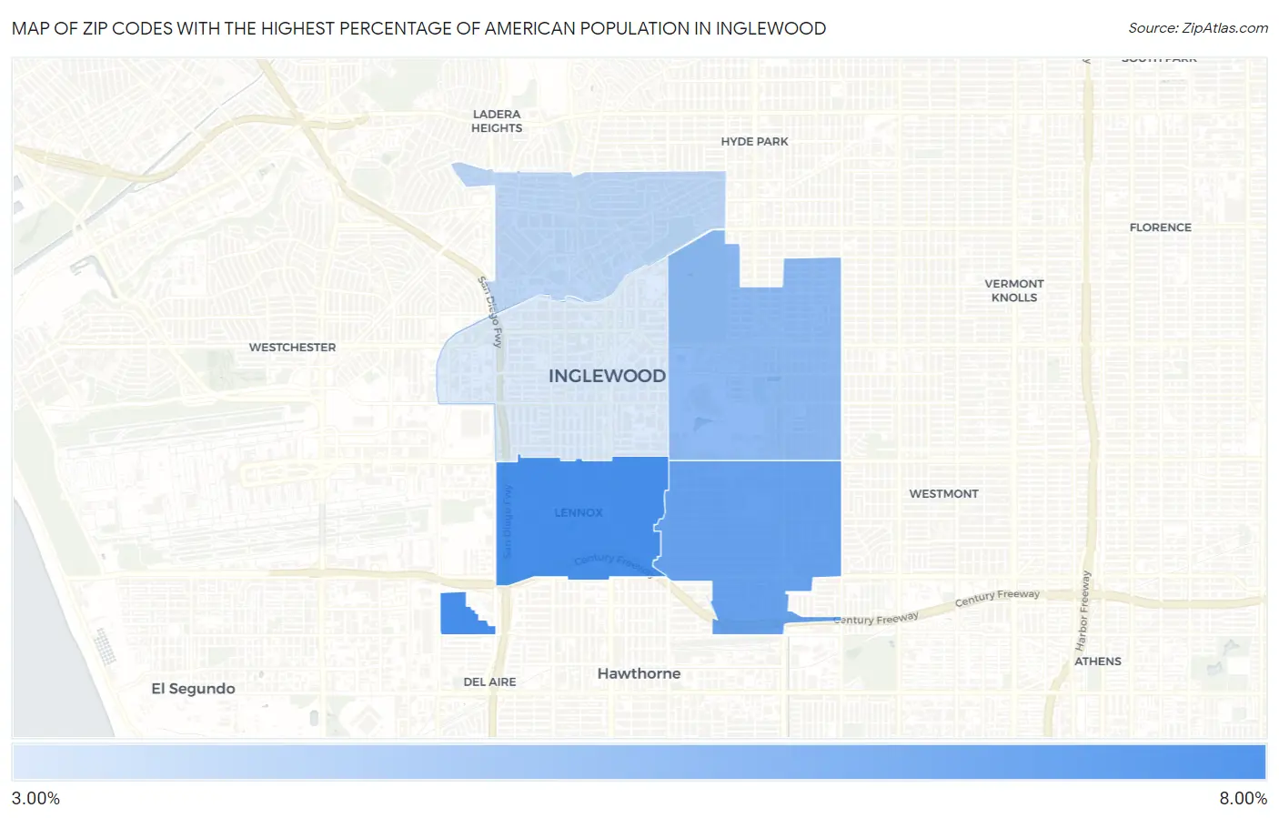 Zip Codes with the Highest Percentage of American Population in Inglewood Map