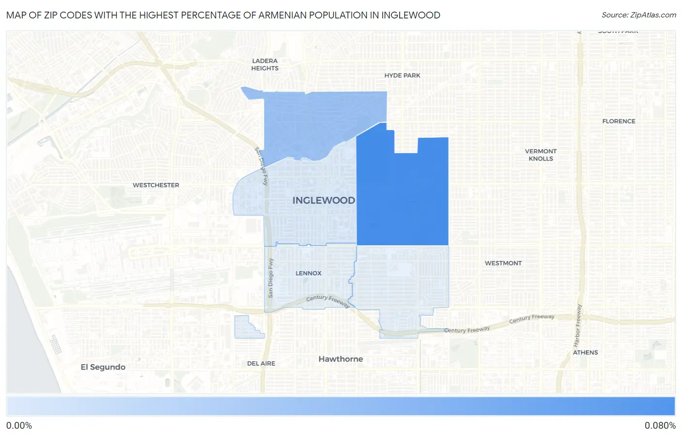 Zip Codes with the Highest Percentage of Armenian Population in Inglewood Map