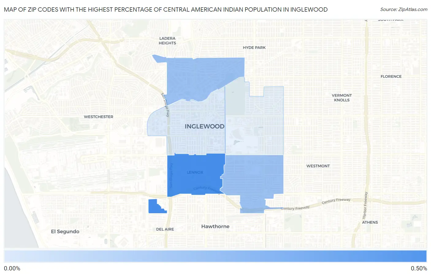Zip Codes with the Highest Percentage of Central American Indian Population in Inglewood Map