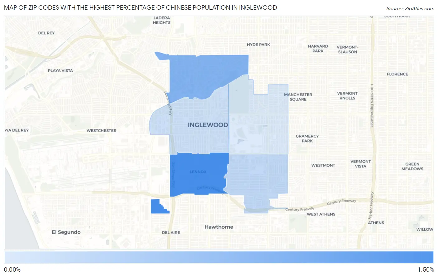 Zip Codes with the Highest Percentage of Chinese Population in Inglewood Map