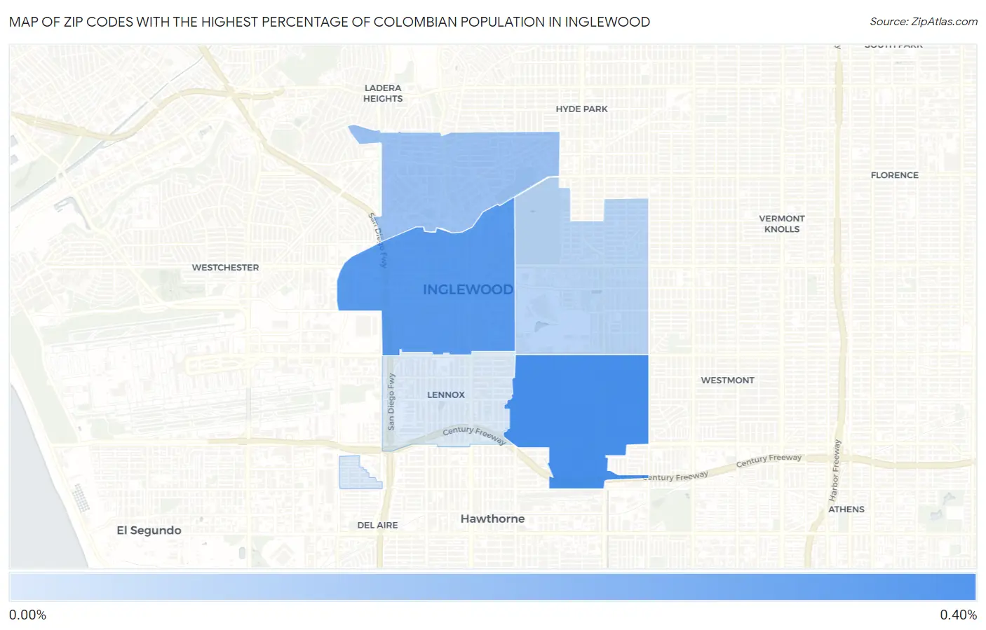 Zip Codes with the Highest Percentage of Colombian Population in Inglewood Map