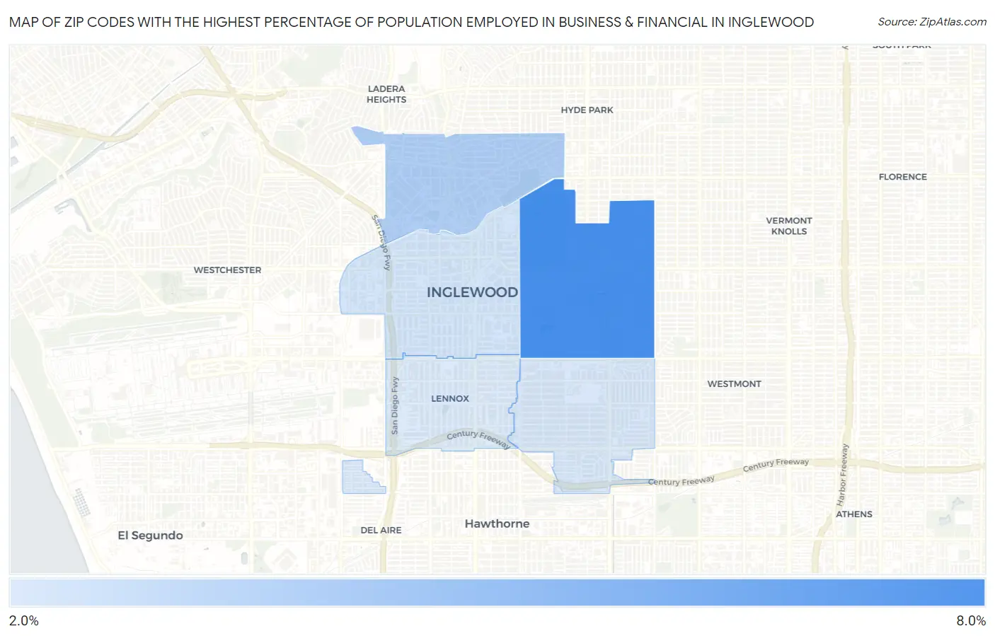 Zip Codes with the Highest Percentage of Population Employed in Business & Financial in Inglewood Map