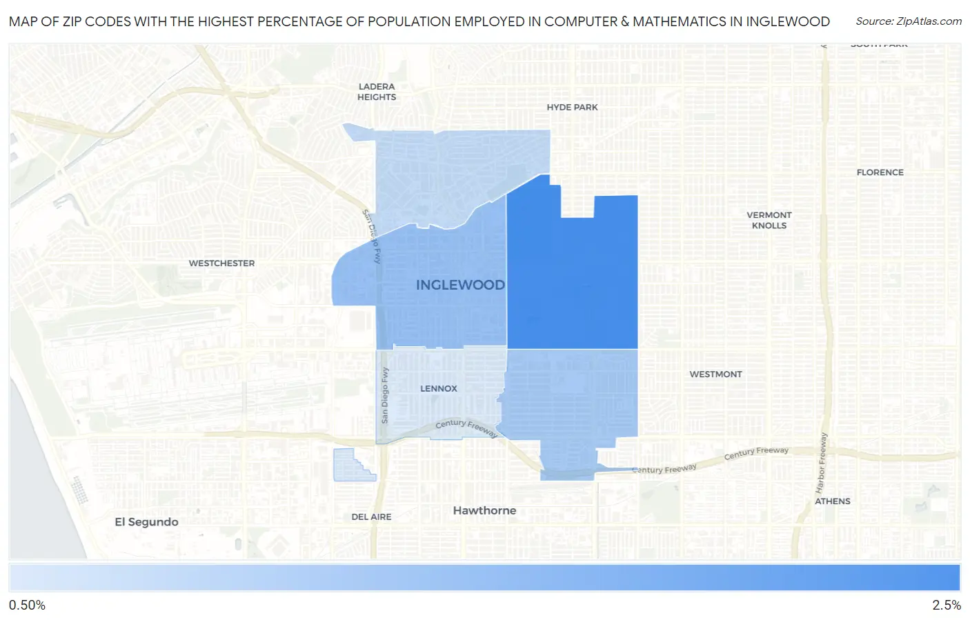 Zip Codes with the Highest Percentage of Population Employed in Computer & Mathematics in Inglewood Map