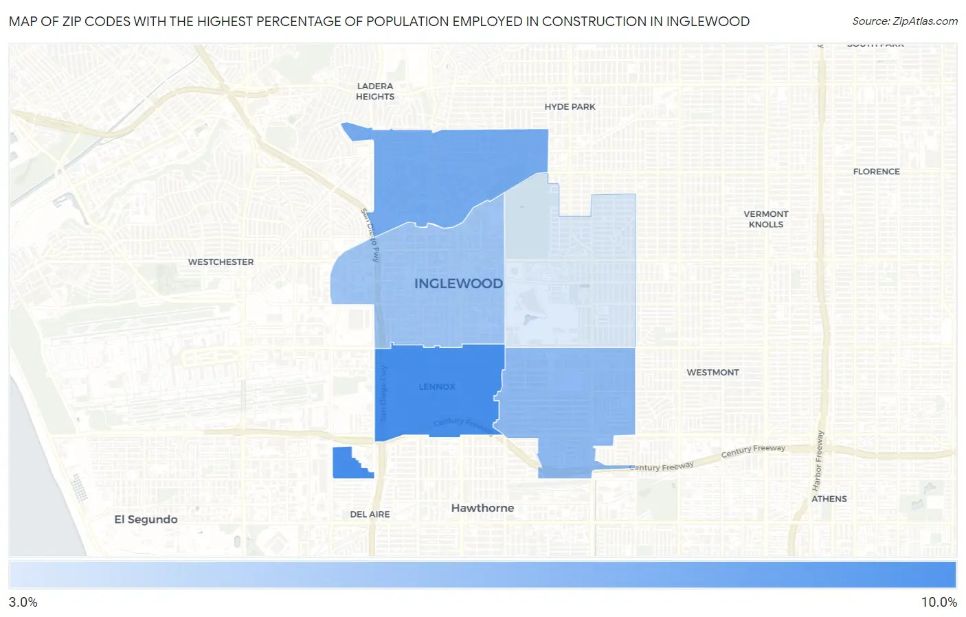 Zip Codes with the Highest Percentage of Population Employed in Construction in Inglewood Map