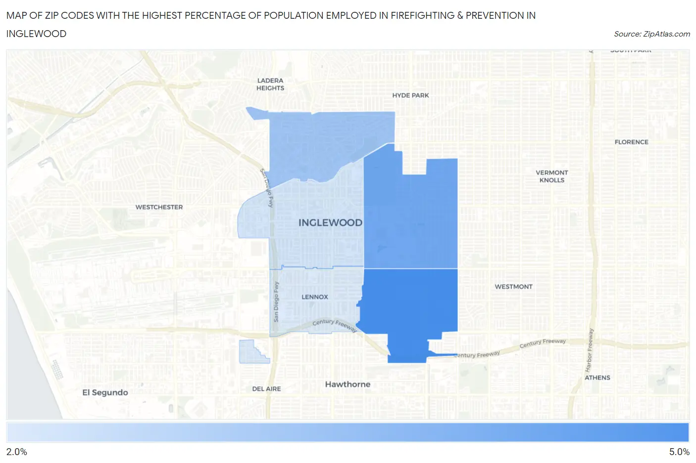 Zip Codes with the Highest Percentage of Population Employed in Firefighting & Prevention in Inglewood Map