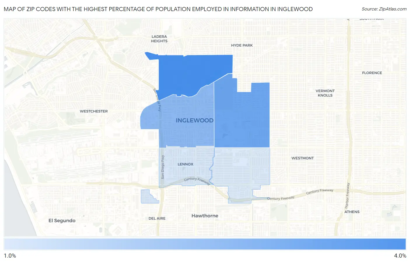 Zip Codes with the Highest Percentage of Population Employed in Information in Inglewood Map