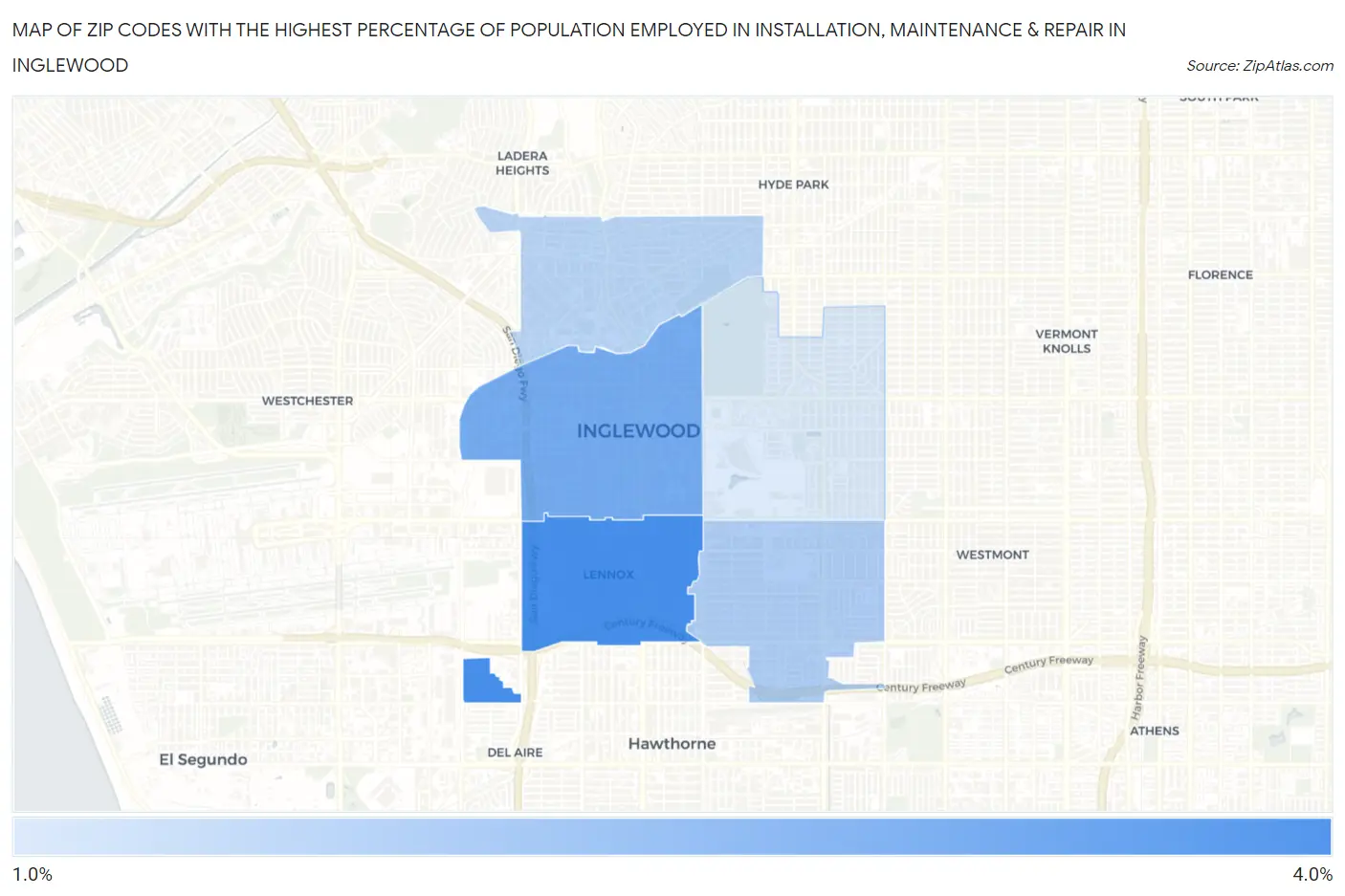 Zip Codes with the Highest Percentage of Population Employed in Installation, Maintenance & Repair in Inglewood Map