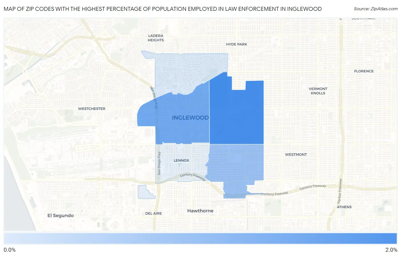 Zip Codes with the Highest Percentage of Population Employed in Law Enforcement in Inglewood Map