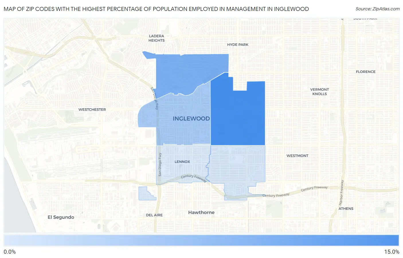 Zip Codes with the Highest Percentage of Population Employed in Management in Inglewood Map