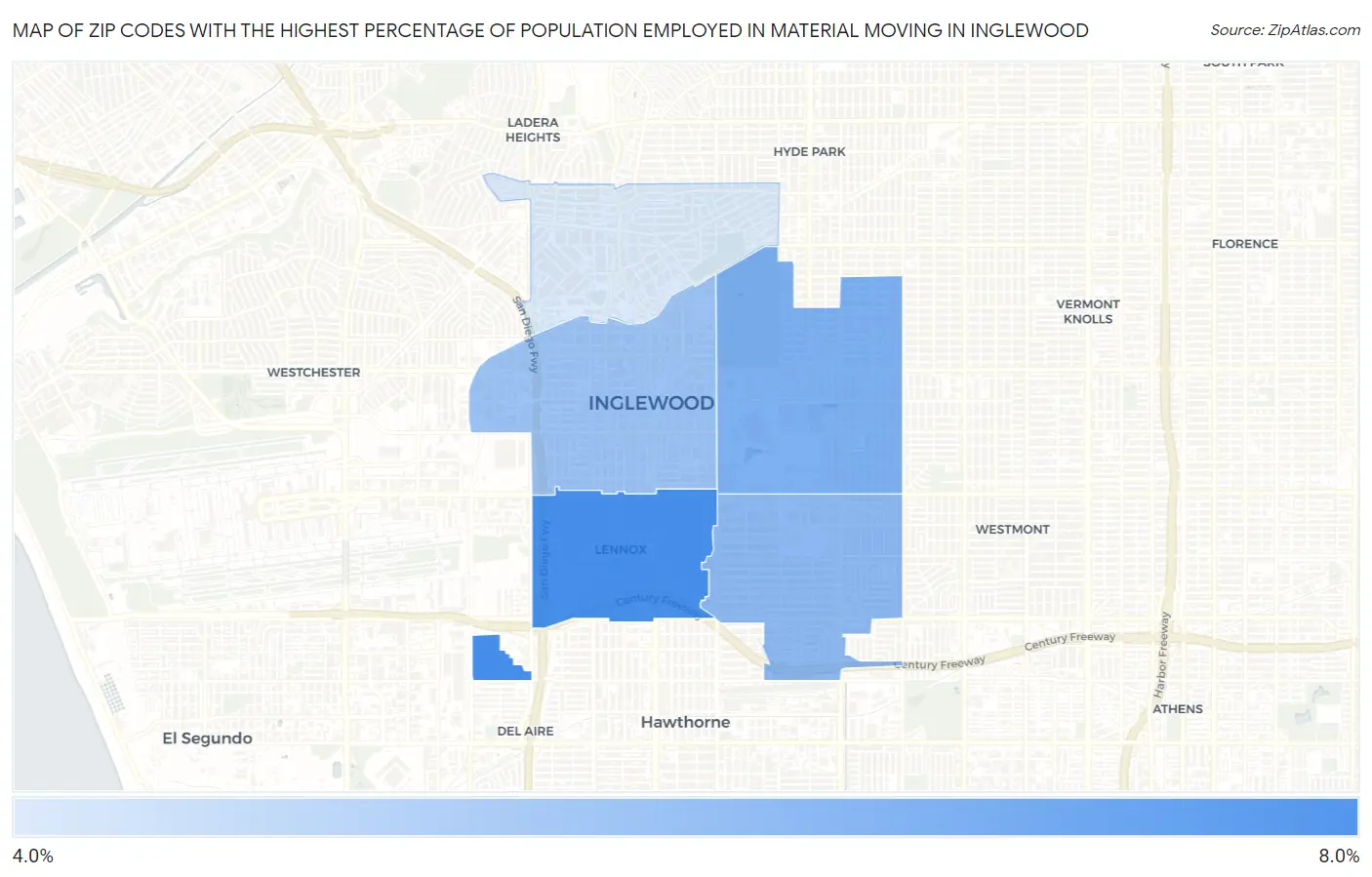 Zip Codes with the Highest Percentage of Population Employed in Material Moving in Inglewood Map
