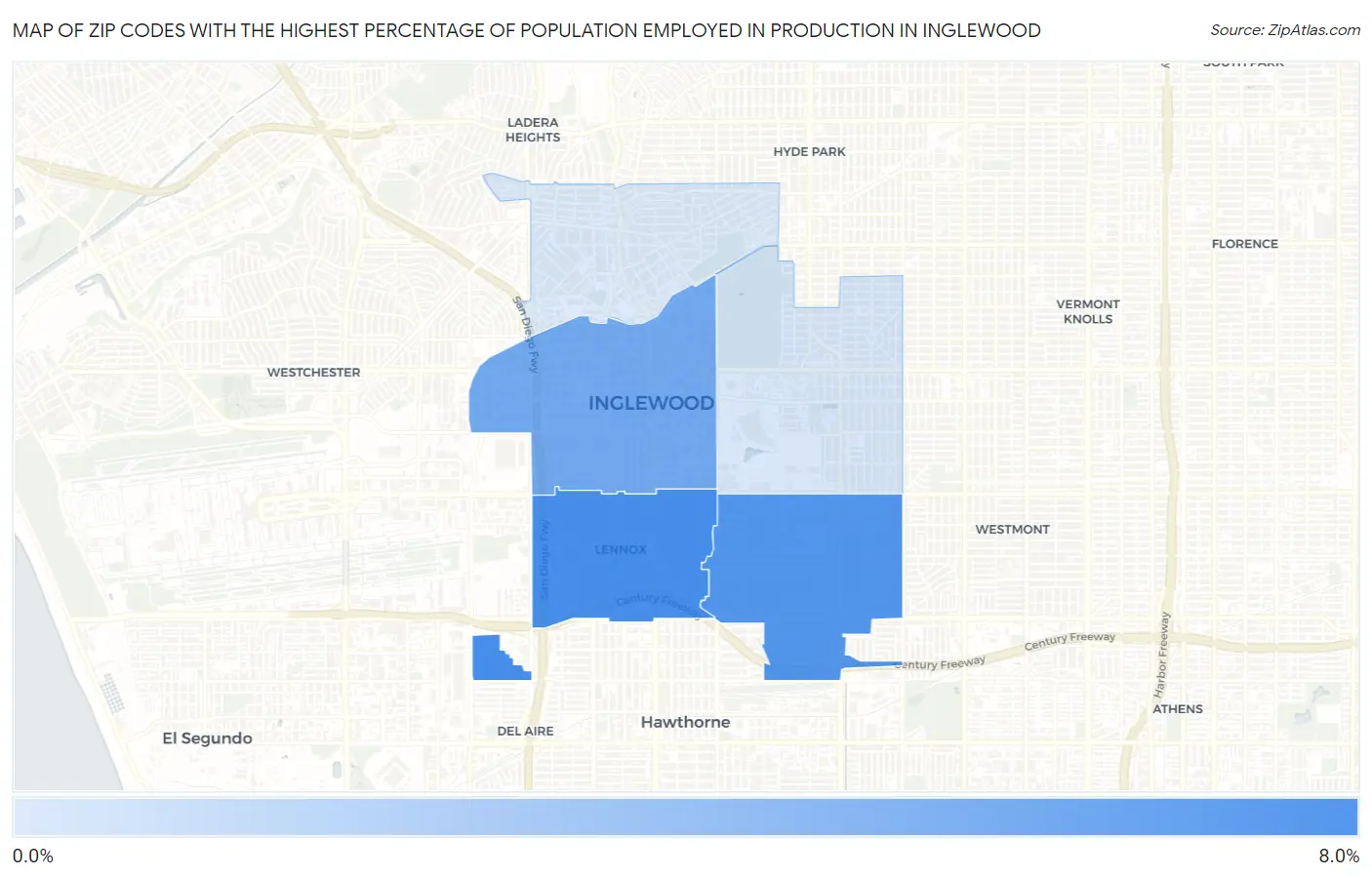Zip Codes with the Highest Percentage of Population Employed in Production in Inglewood Map