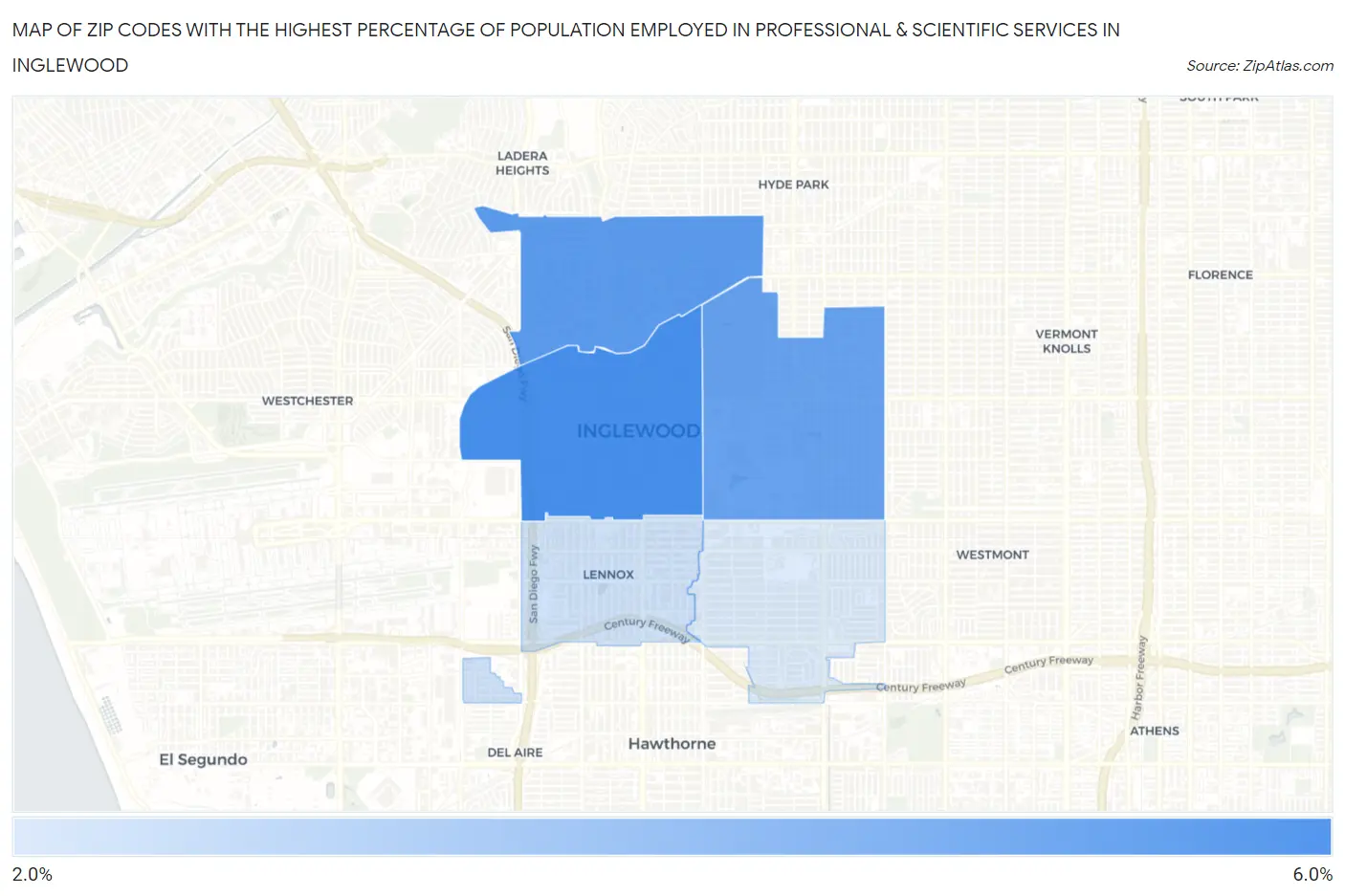 Zip Codes with the Highest Percentage of Population Employed in Professional & Scientific Services in Inglewood Map