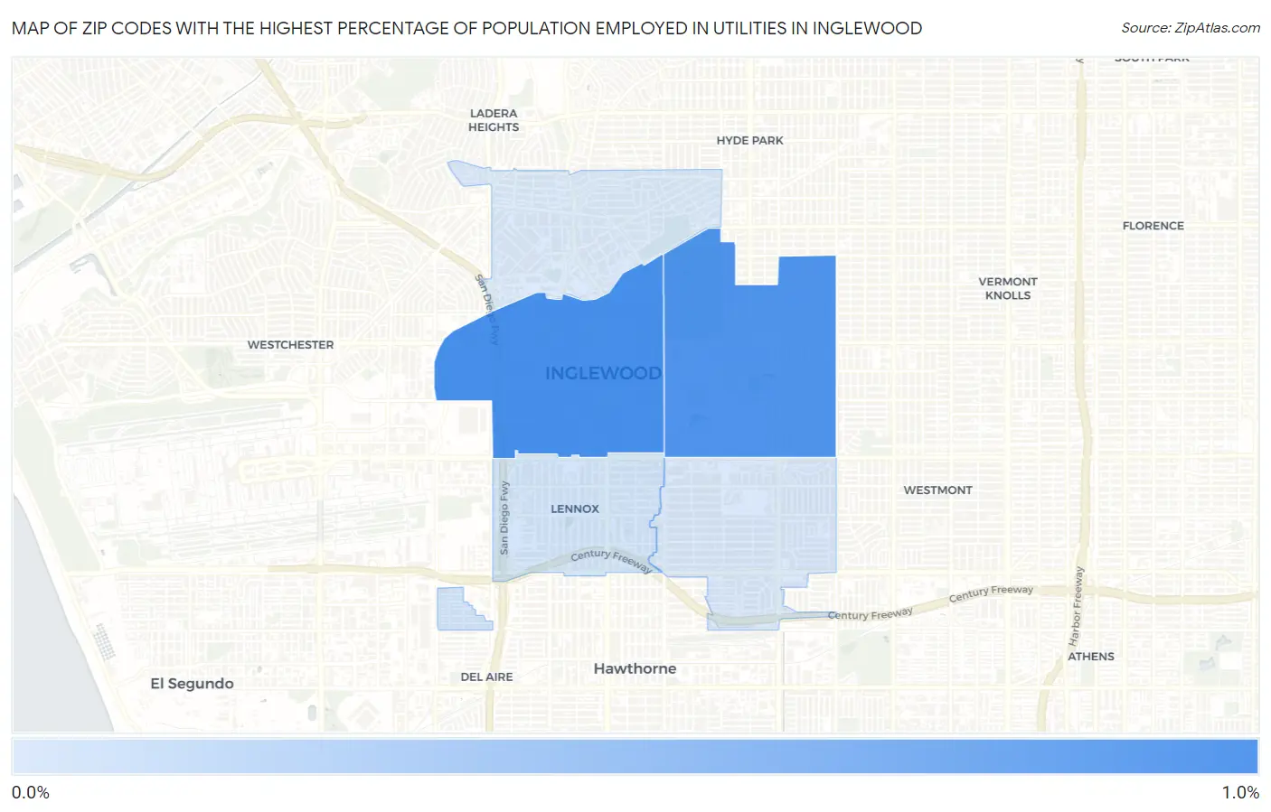 Zip Codes with the Highest Percentage of Population Employed in Utilities in Inglewood Map