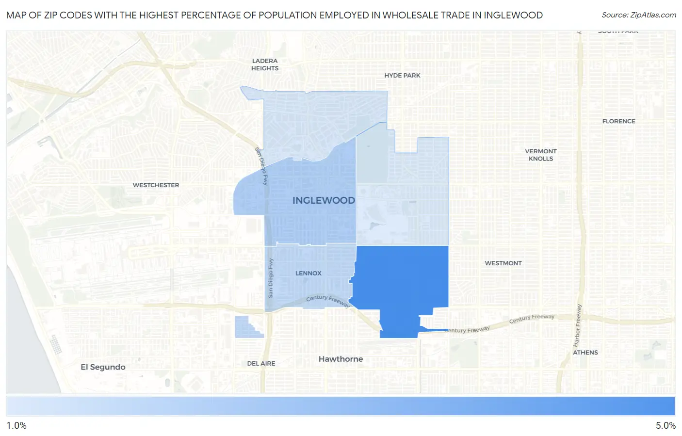Zip Codes with the Highest Percentage of Population Employed in Wholesale Trade in Inglewood Map