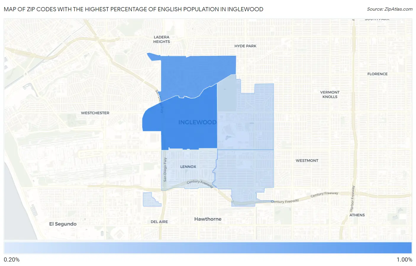 Zip Codes with the Highest Percentage of English Population in Inglewood Map