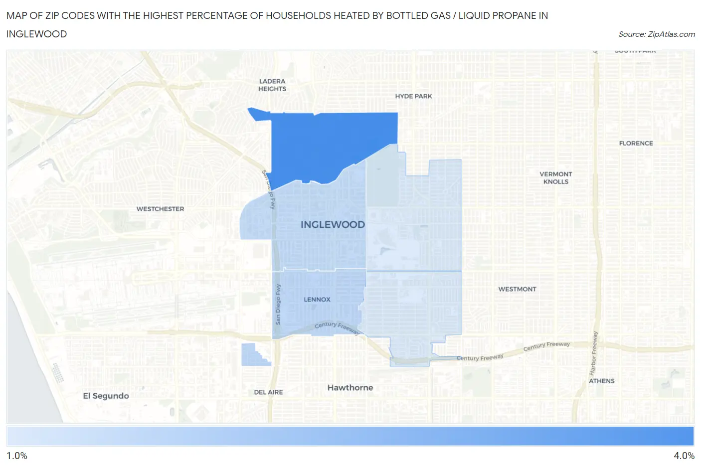 Zip Codes with the Highest Percentage of Households Heated by Bottled Gas / Liquid Propane in Inglewood Map