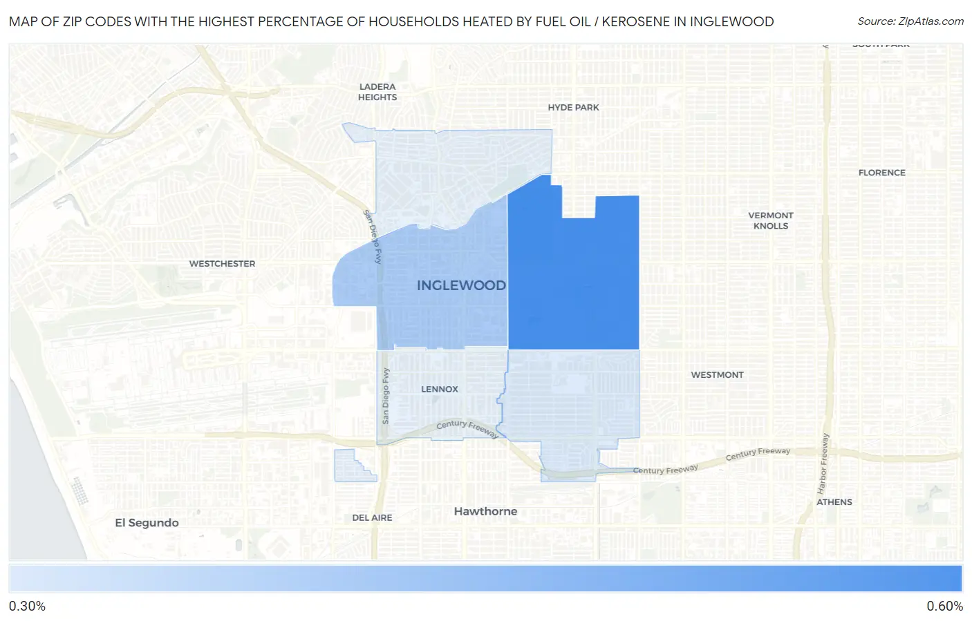 Zip Codes with the Highest Percentage of Households Heated by Fuel Oil / Kerosene in Inglewood Map