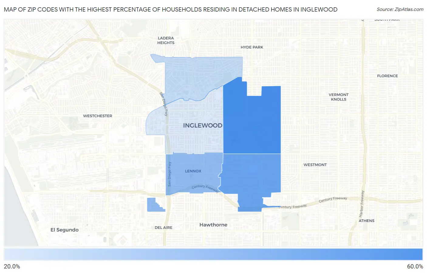Zip Codes with the Highest Percentage of Households Residing in Detached Homes in Inglewood Map