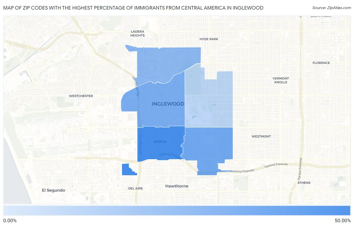 Zip Codes with the Highest Percentage of Immigrants from Central America in Inglewood Map
