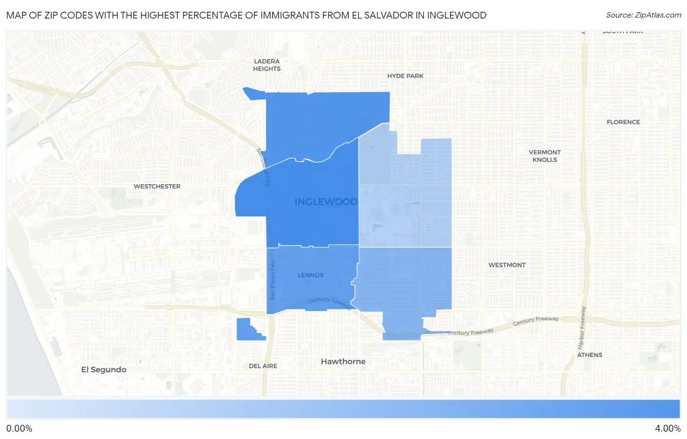 Zip Codes with the Highest Percentage of Immigrants from El Salvador in Inglewood Map