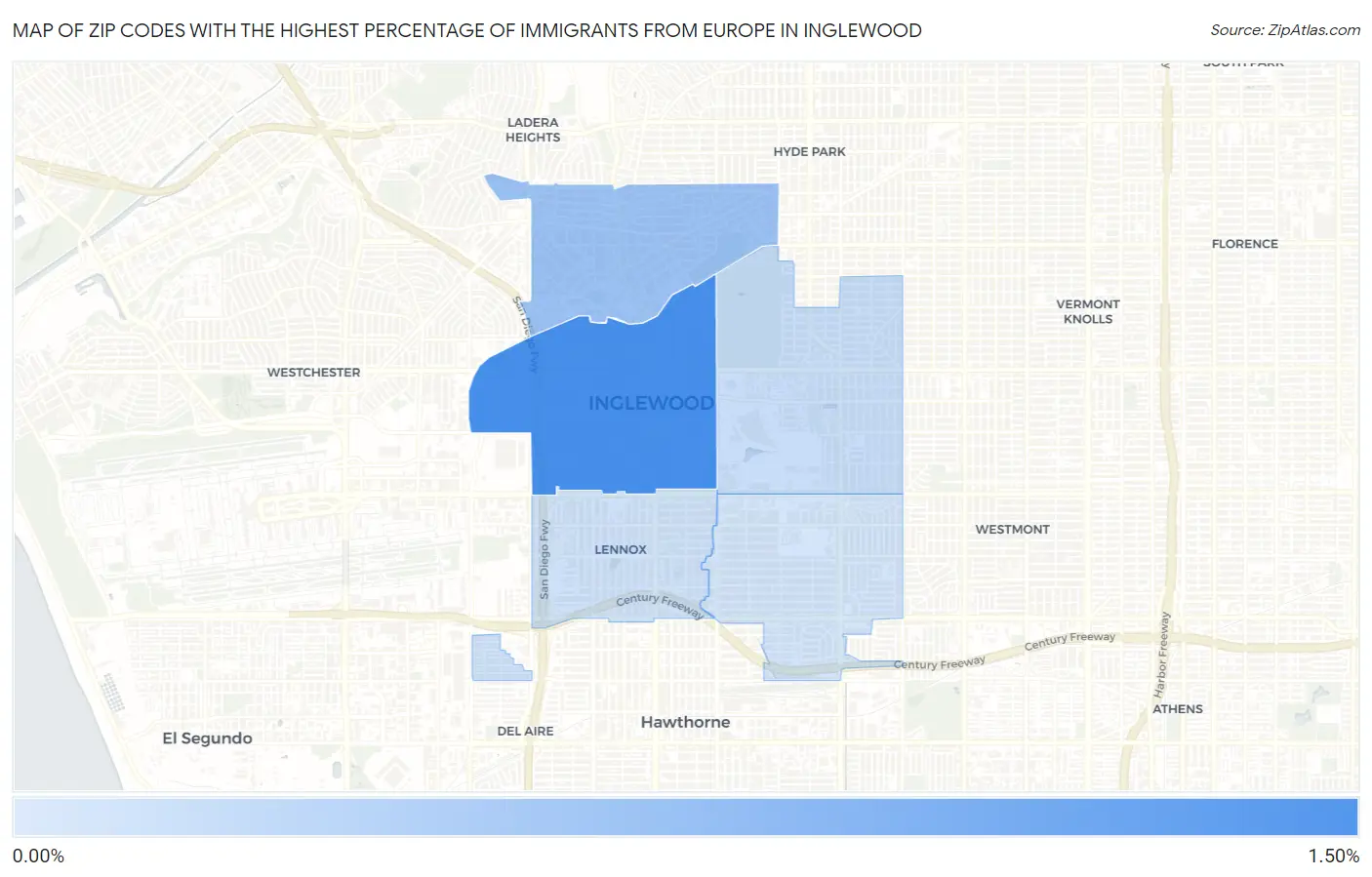 Zip Codes with the Highest Percentage of Immigrants from Europe in Inglewood Map